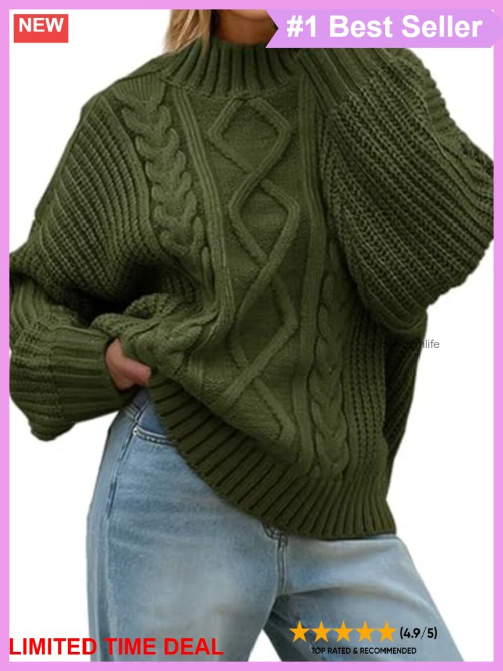 Oversized Cable Knit Mock Neck Button Pullover Sweater Long Sleeve
